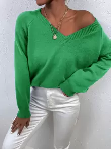 SHEIN Frenchy Jersey de cuello V de manga raglán - Verde - Ver 6