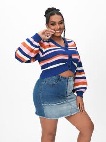 SHEIN EZwear áo hở cổ kích thước lớn Nút phía trước sọc cầu vồng Giải trí - Nhiều màu - Xem 4