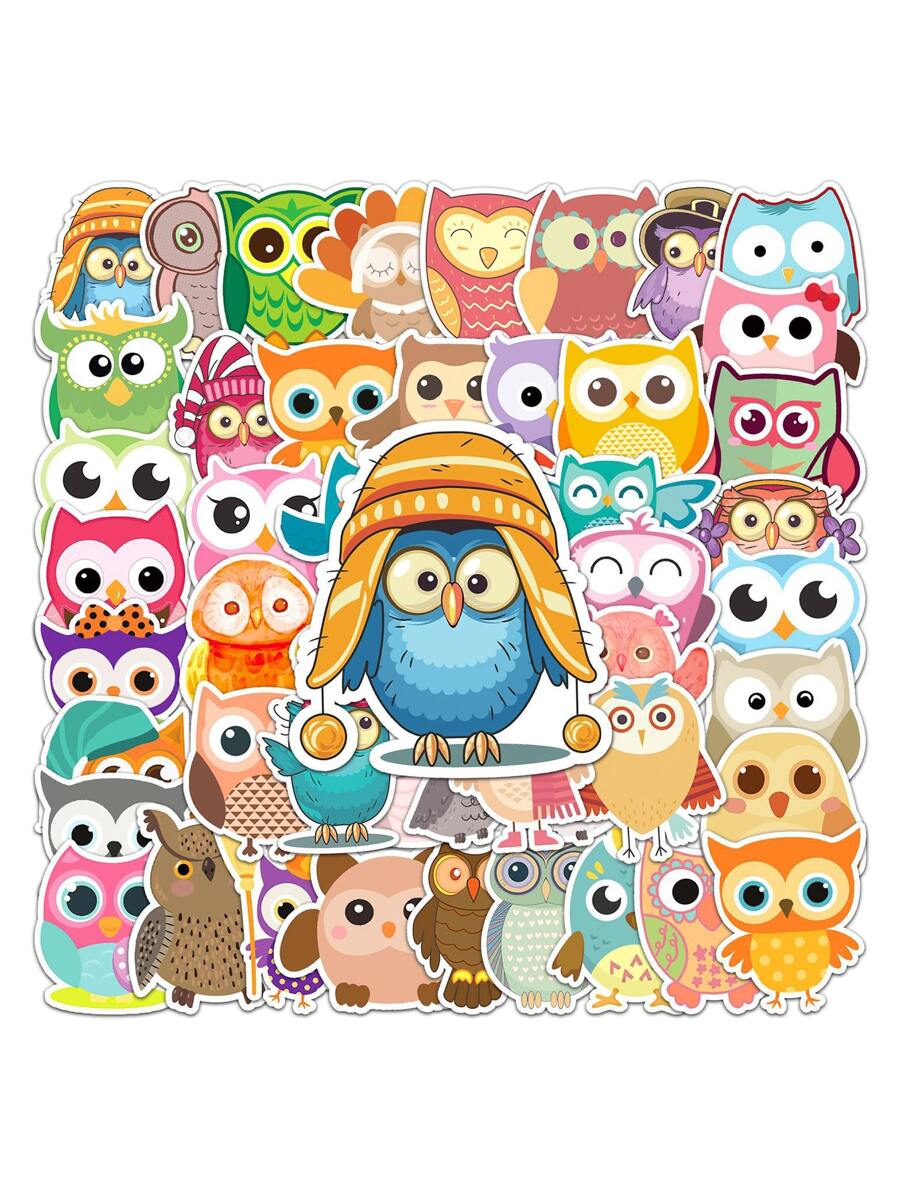 50 piezas Pegatina con patrón de búho de dibujos animados - Multicolor - Ver 1
