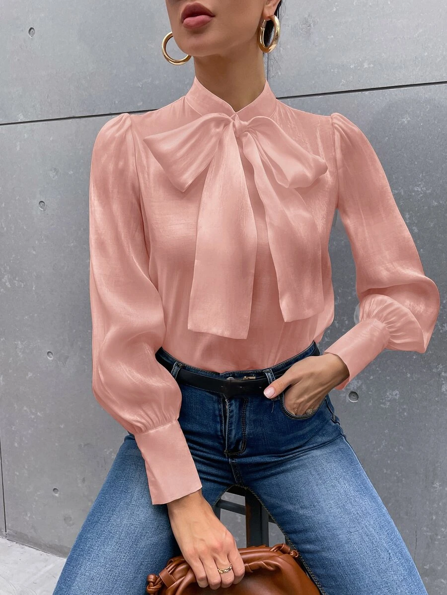 SHEIN Privé Tie Neck Puff Sleeve Satin Blouse - Dusty Pink - View 1