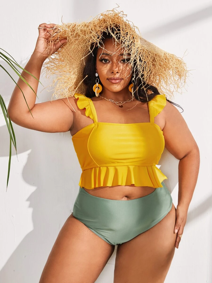 Plus Size Ruffle Hem High Waisted Bikini Set Summer Beach - Multicolor - View 1