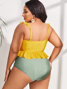 Plus Size Ruffle Hem High Waisted Bikini Set Summer Beach - Multicolor - View 2