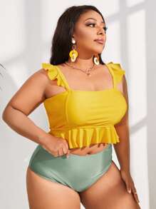 Plus Size Ruffle Hem High Waisted Bikini Set Summer Beach - Multicolor - View 3