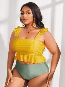 Plus Size Ruffle Hem High Waisted Bikini Set Summer Beach - Multicolor - View 4