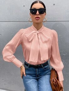 SHEIN Privé Tie Neck Puff Sleeve Satin Blouse - Dusty Pink - View 6