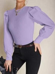 SHEIN LUNE Top de manga farol tejido de canalé