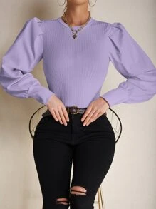 SHEIN LUNE Top de manga farol tejido de canalé