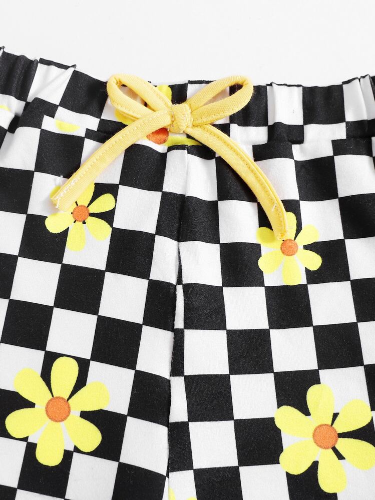少女短款背心上衣和花朵與方格印花短褲套裝 - 彩色 - 查看 4