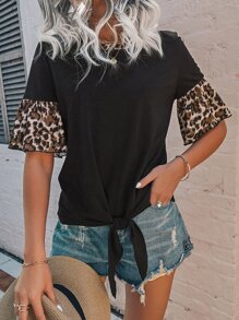 Áo thun nữ Thắt nút Xù Báo Giải trí - màu đen - Xem 3