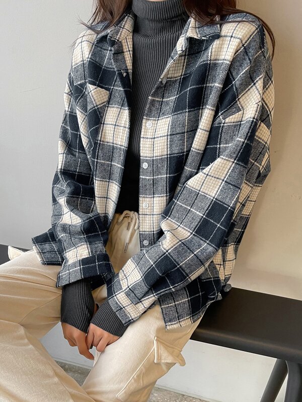 DAZY Chaqueta de cárdigan casual holgada con textura, camisa de manga larga, tops de otoño a cuadros