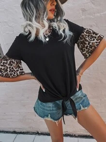 Áo thun nữ Thắt nút Xù Báo Giải trí - màu đen - Xem 4