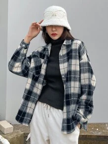DAZY Loose Casual Brushed Cardigan Top Jacket Long Sleeve Shirt Fall Tops Plaid