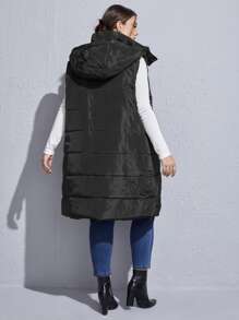 SHEIN LUNE Plus Size Flap Pocket Sleeveless Hooded Padded Coat - Black - View 2