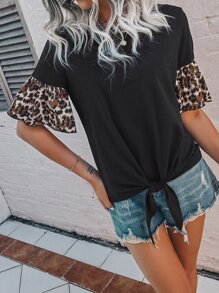 Áo thun nữ Thắt nút Xù Báo Giải trí - màu đen - Xem 5