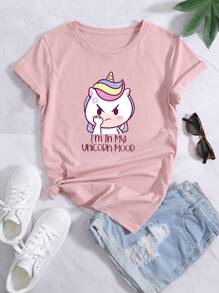 SHEIN Qutie Áo phông đồ họa Unicorn & Slogan Tôi đang ở trong tâm trạng kỳ lân của mình - Màu Hồng baby - Xem 1