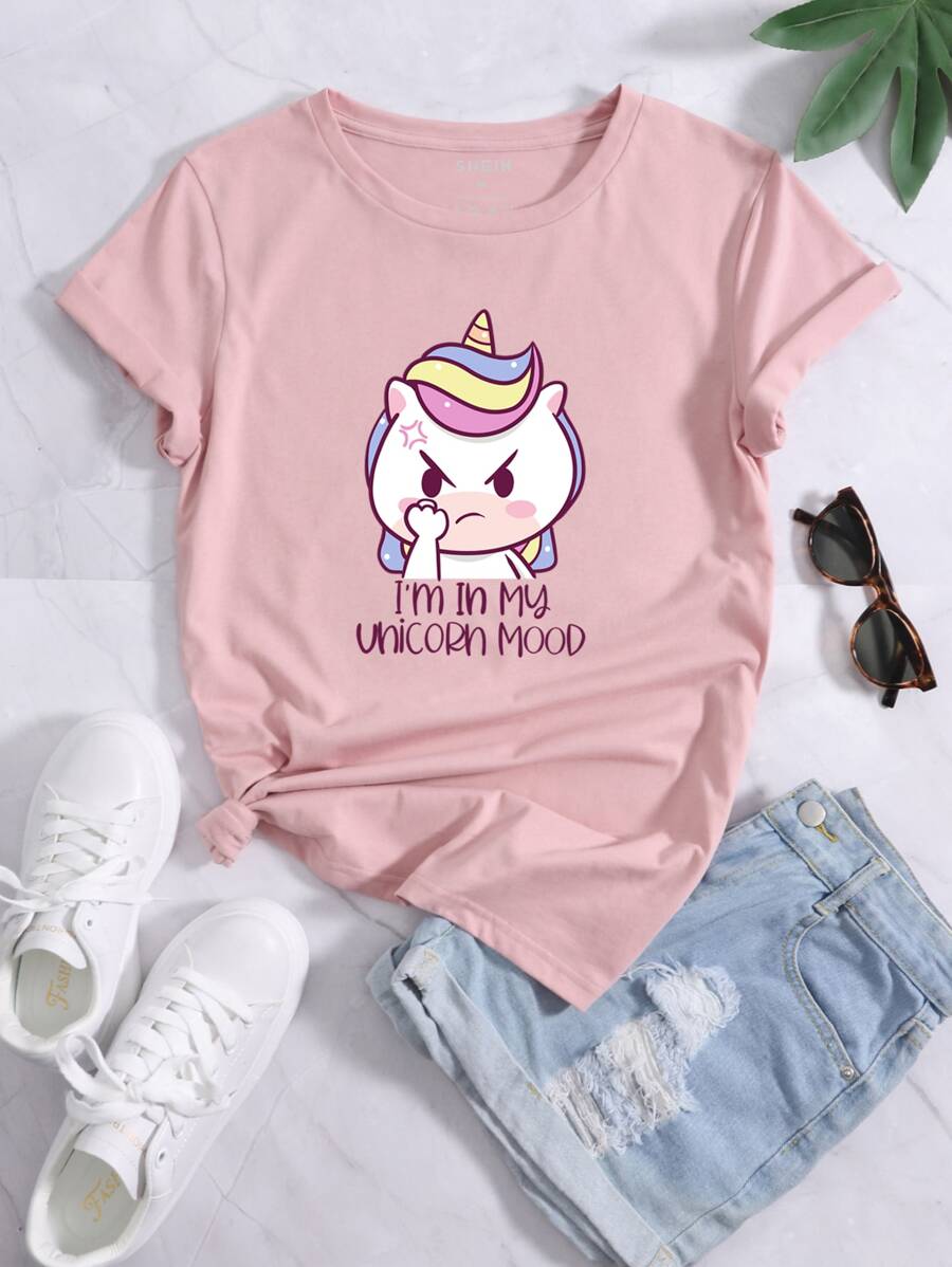 SHEIN Qutie Áo phông đồ họa Unicorn & Slogan Tôi đang ở trong tâm trạng kỳ lân của mình - Màu Hồng baby - Xem 1