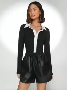 SHEIN Privé 拼接領和開襟T恤 - 黑色 - 查看 1