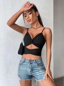 SHEIN Unity Cut Out Twist Front Tie Back Crop Cami Top - Black - View 5