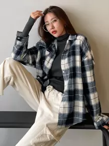 DAZY Loose Casual Brushed Cardigan Top Jacket Long Sleeve Shirt Fall Tops Plaid