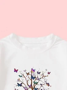 Niñas Camiseta árbol & con estampado de mariposa - Blanco - Ver 3