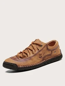 Men Letter Graphic Stitch Trim Handmade Shoes - Brown - View 3