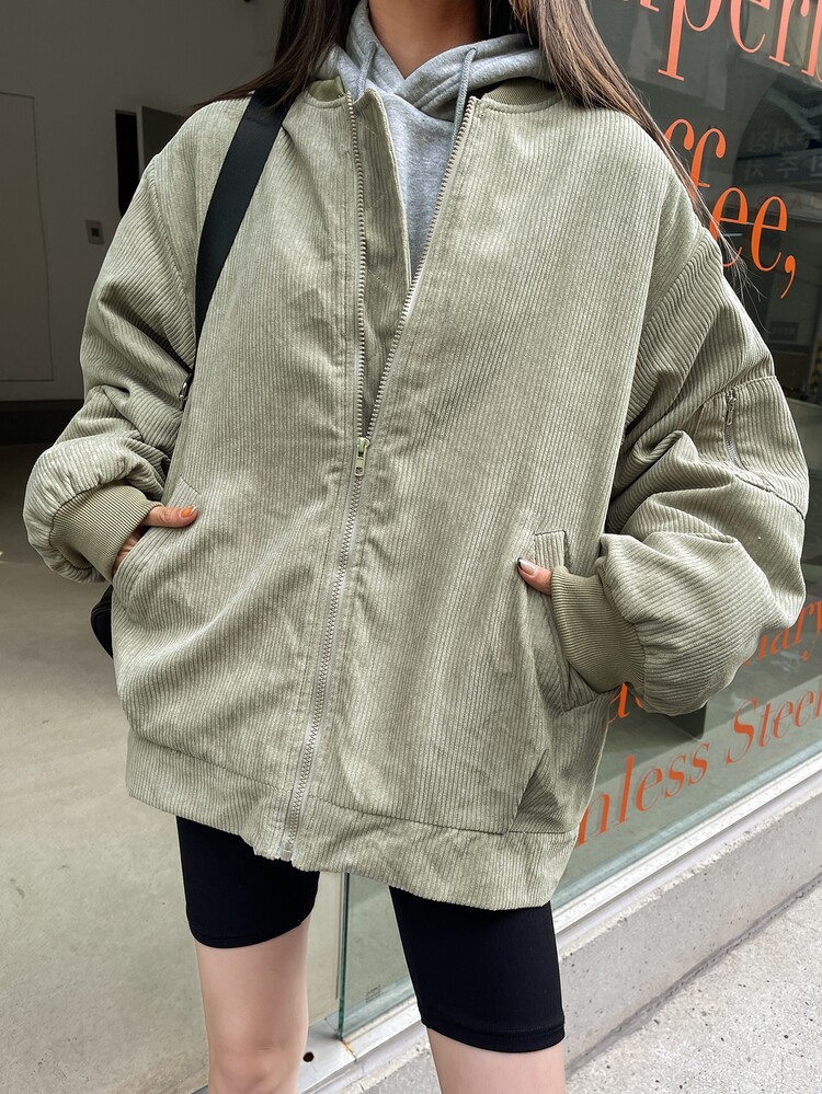 DAZY Drop Shoulder Corduroy Bomber Jacket - Mint Green - View 5