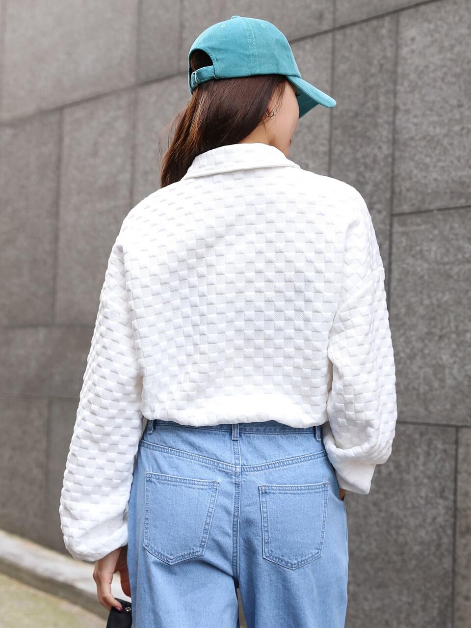 Textured Letter Embroidery Drop Shoulder Polo Neck Drawstring Hem Crop Pullover
