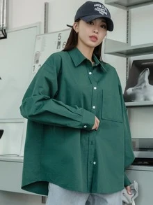 DAZY 落肩袖口袋貼布襯衫 - 墨綠色 - 查看 5
