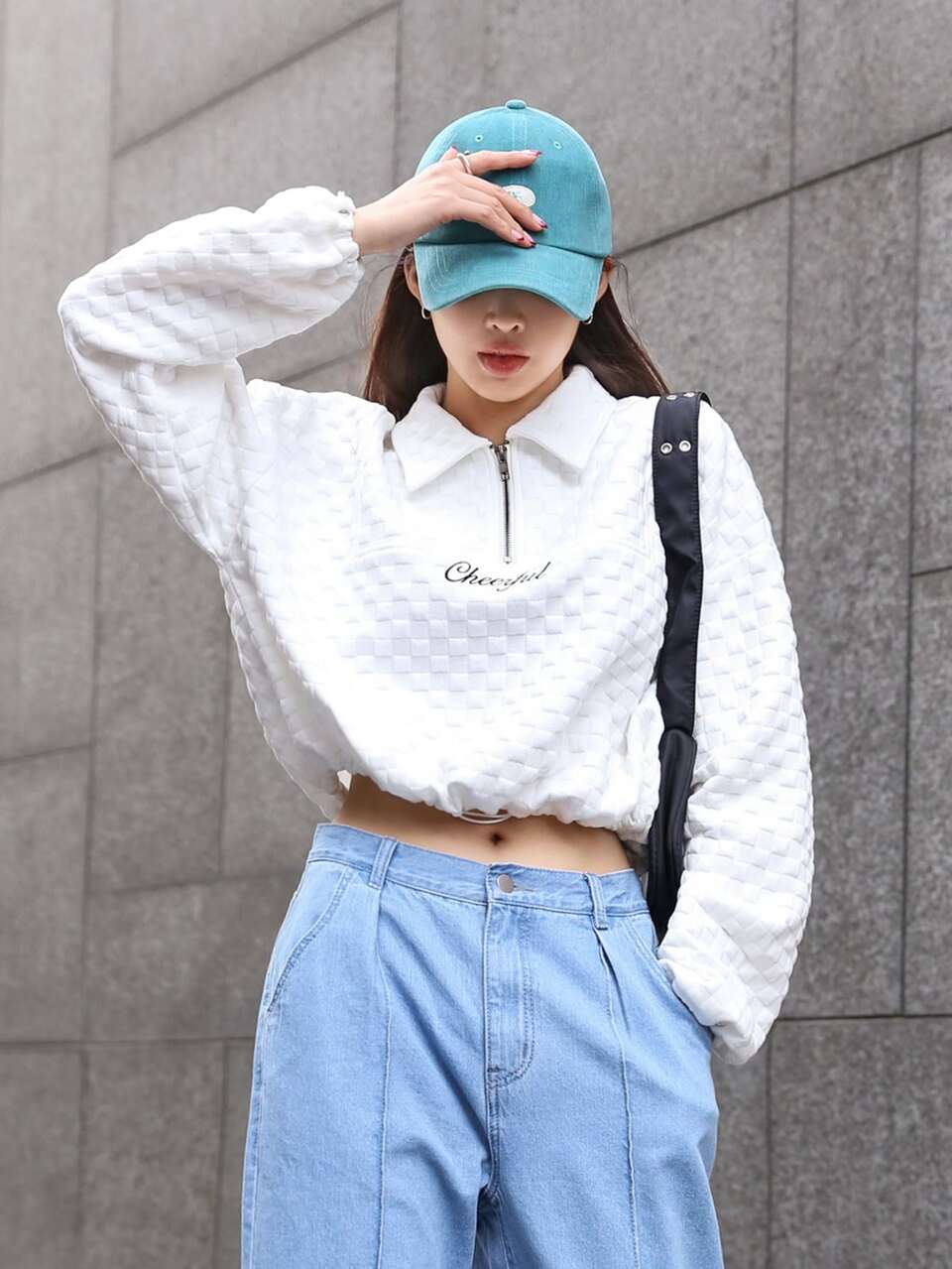 Textured Letter Embroidery Drop Shoulder Polo Neck Drawstring Hem Crop Pullover