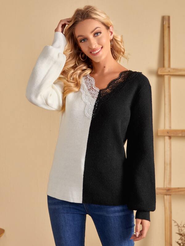 EMERY ROSE Guipure Lace Trim Spliced Sweater