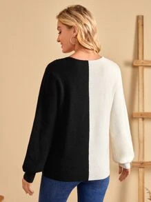 EMERY ROSE Guipure Lace Trim Spliced Sweater - Black and White - View 2