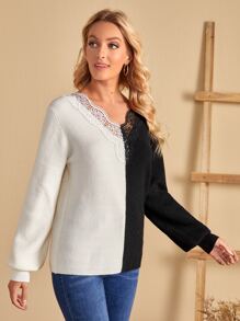 EMERY ROSE Guipure Lace Trim Spliced Sweater - Black and White - View 3