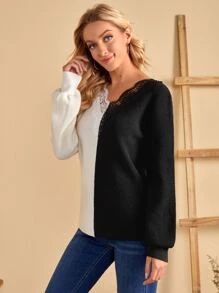 EMERY ROSE Guipure Lace Trim Spliced Sweater - Black and White - View 5