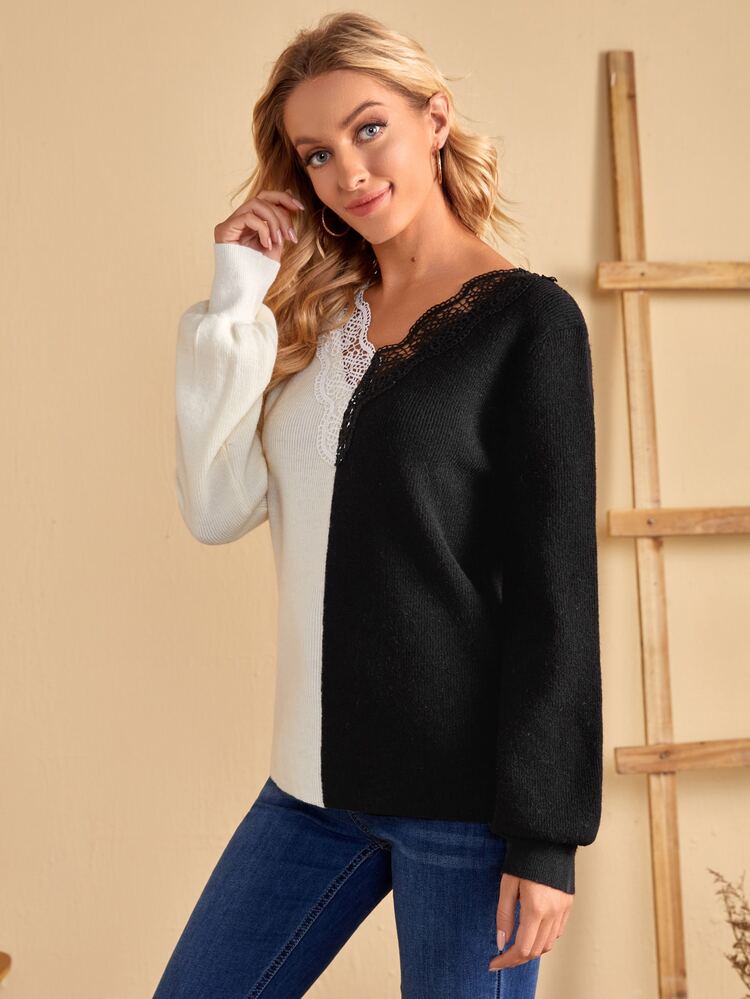 Guipure Lace Trim Spliced Sweater