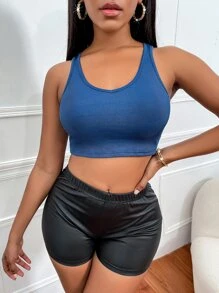 素色羅紋針織短款背心 - 藍色 - 查看 1