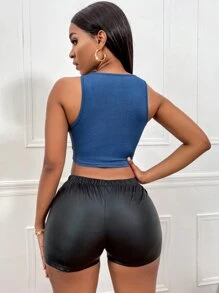 素色羅紋針織短款背心 - 藍色 - 查看 2