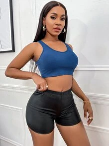 素色羅紋針織短款背心 - 藍色 - 查看 3