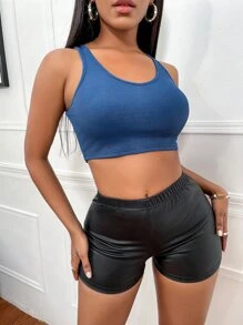 素色羅紋針織短款背心 - 藍色 - 查看 5