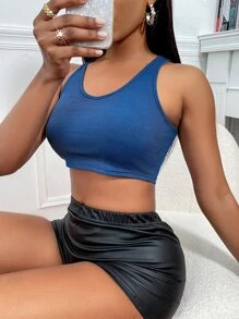 素色羅紋針織短款背心 - 藍色 - 查看 6