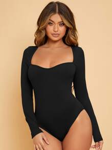 SHEIN SXY Ribbed Knit Solid Sweetheart Neck Bodysuit - Black - View 1