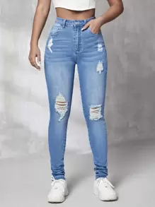 SHEIN Tall 高腰破洞緊身牛仔褲 - 中等水洗藍 - 查看 1