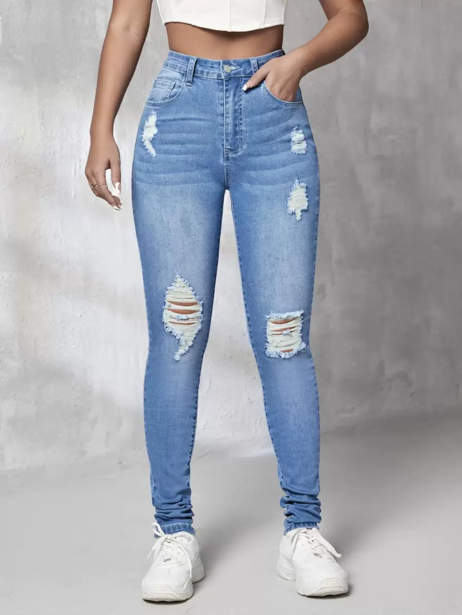 SHEIN Tall 高腰破洞緊身牛仔褲 - 中等水洗藍 - 查看 1