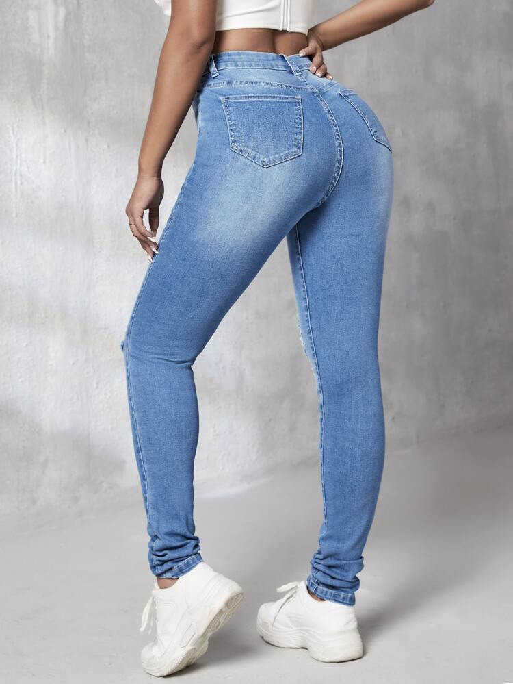 SHEIN Tall 高腰破洞緊身牛仔褲 - 中等水洗藍 - 查看 2