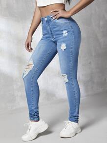 SHEIN Tall 高腰破洞緊身牛仔褲 - 中等水洗藍 - 查看 4