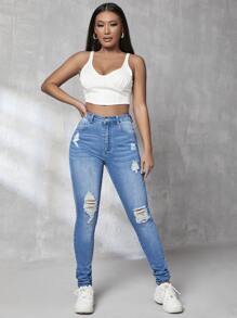 SHEIN Tall 高腰破洞緊身牛仔褲 - 中等水洗藍 - 查看 5