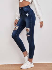 Jeans ajustados desgarro de talle alto - Azul lavado oscuro - Ver 1