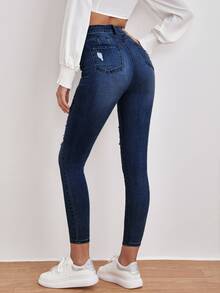 Jeans ajustados desgarro de talle alto - Azul lavado oscuro - Ver 2