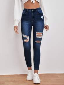 Jeans ajustados desgarro de talle alto - Azul lavado oscuro - Ver 4