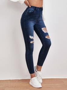 Jeans ajustados desgarro de talle alto - Azul lavado oscuro - Ver 5