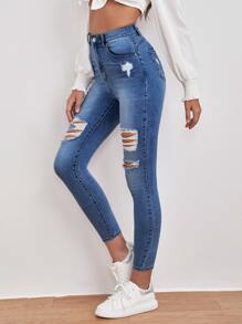 SHEIN Essnce High Waisted Ripped Skinny Jeans - Medium Wash - View 1